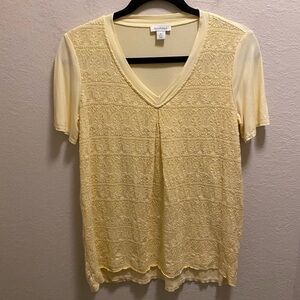 Sundance Yellow Lace Front V-Neck Silk Blend Short Sleeve T-Shirt Size XS